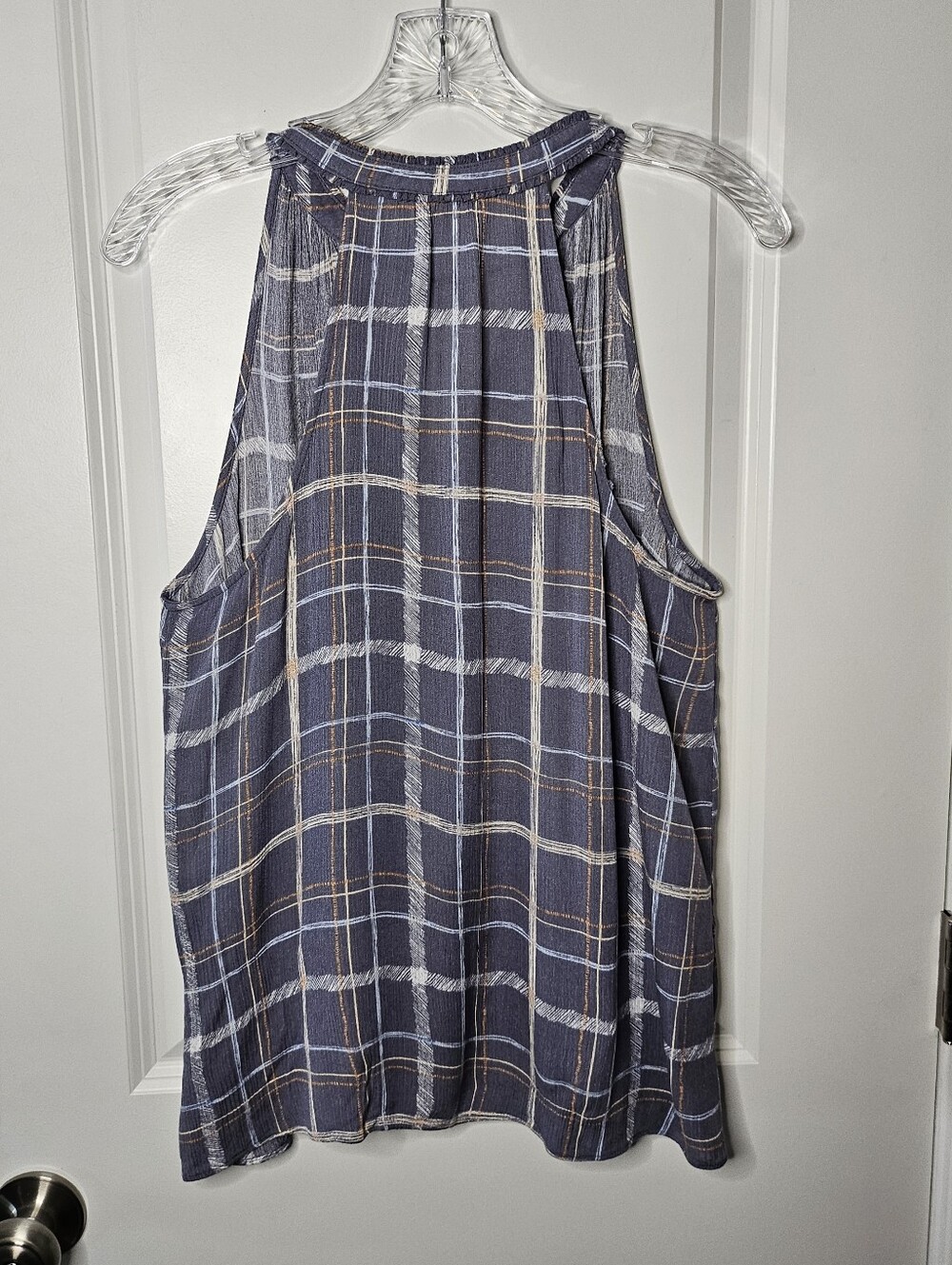 LC Lauren Conrad S Plaid Sleeveless Tassel Tie Boho Tank Top Gray Blue Preppy - Picture 6 of 13